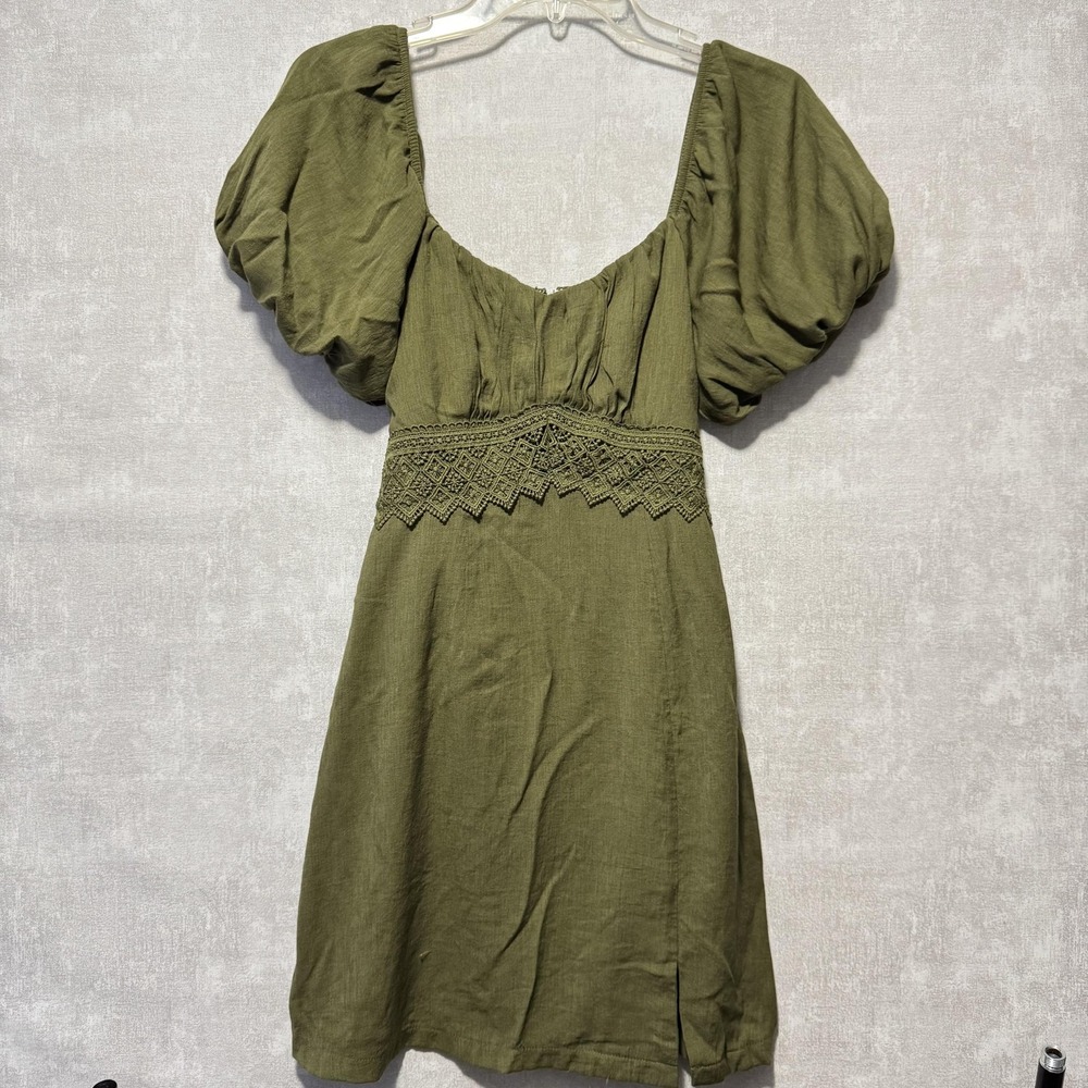Trixxi Dress Womens Medium Olive Green Puff Sleeve‎ Lace Waist Mini Square Neck